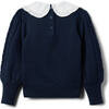 The Cable Close Knit Contrast Ruffle Collar Velvet Bow Sweater, Dark Blue - Sweaters - 2