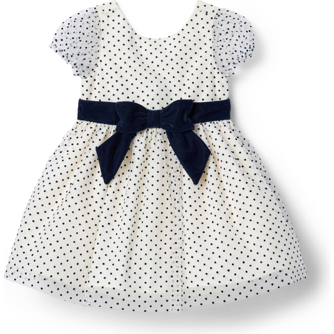 The Spotlight Polka Short Puff Sleeve Velvet Bow Belted Waist Dress, Ivory & Navy - Dresses - 1