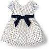 The Spotlight Polka Short Puff Sleeve Velvet Bow Belted Waist Dress, Ivory & Navy - Dresses - 1 - thumbnail