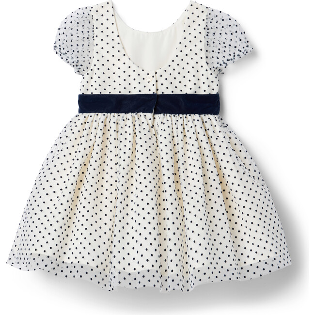 The Spotlight Polka Short Puff Sleeve Velvet Bow Belted Waist Dress, Ivory & Navy - Dresses - 2