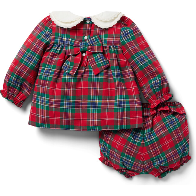 The Baby Tartan Contrast Peter Pan Collar Dress & Matching Bloomer Set, Red & Green - Dresses - 3