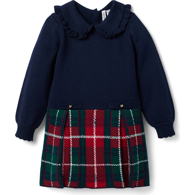 The Tartan Peter Pan Collar Long Cuffed Sleeve Sweater Dress, Dark Blue, Red & Green