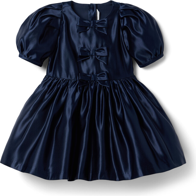 The Satin Bow Front Short Puff Sleeve Skater Dress, Dark Blue - Dresses - 1