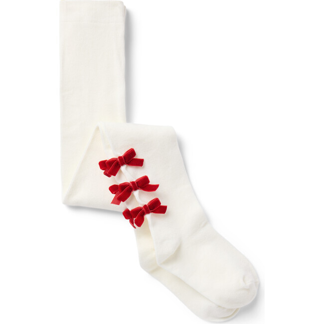 3-Bow Stocking Tights, White & Red - Stockings - 1