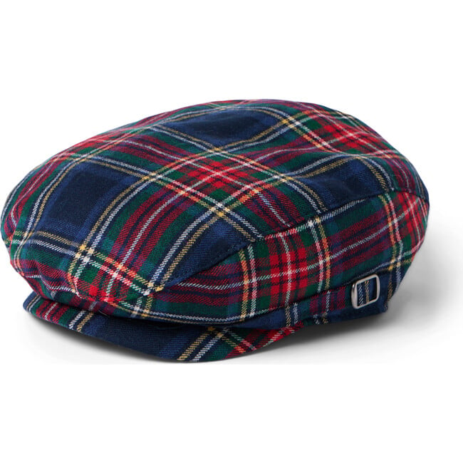 Tartan Side Buckle Touch-Close Chin-Strap Newsboy Cap, Navy, Red & Multicolors