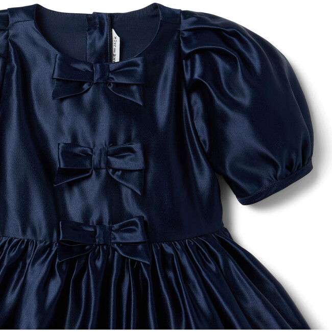 The Satin Bow Front Short Puff Sleeve Skater Dress, Dark Blue - Dresses - 2