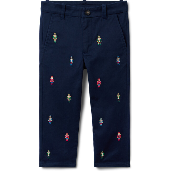 The Embroidered Nutcracker Dog Straight Leg Twill Pant, Navy & Multicolors - Pants - 1