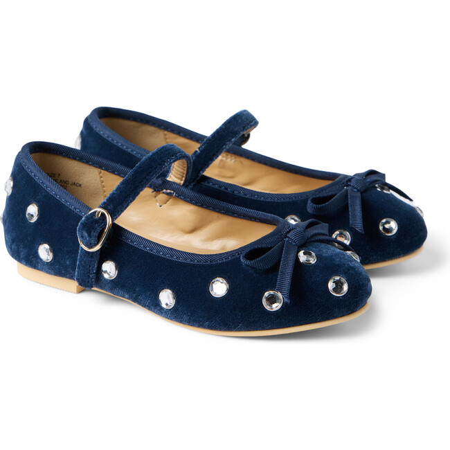 Velvet All-Over Crystal Jewel Front Bow Buckled Strap Ballet Flat, Blue