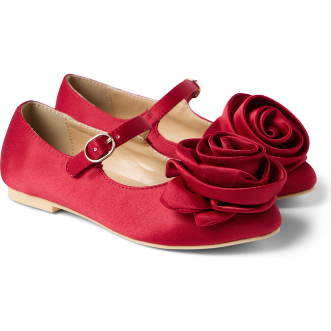 Satin Rosette Front Buckled Strap Ballet Flat, Red