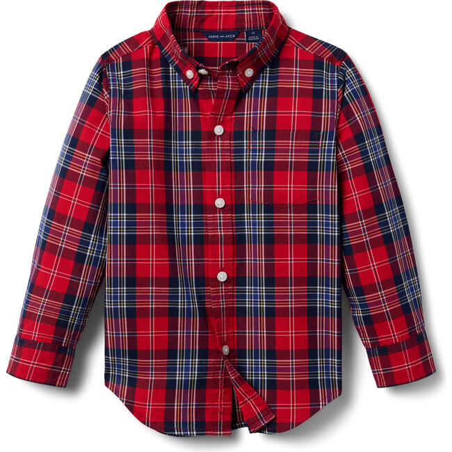 The Tartan Poplin Long Sleeve Tail Hem Shirt, Red & Blue - Button Downs - 1