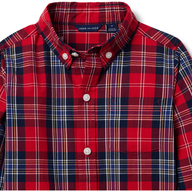 The Tartan Poplin Long Sleeve Tail Hem Shirt, Red & Blue - Button Downs - 2