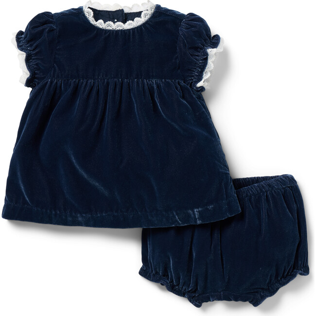 The Baby Velvet Plush Short Puff Sleeve Lace Trim Dress & Matching Bloomer Set, Blue