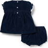 The Baby Velvet Plush Short Puff Sleeve Lace Trim Dress & Matching Bloomer Set, Blue - Dresses - 2