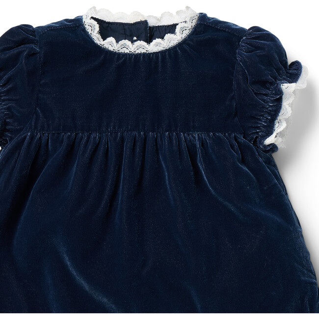 The Baby Velvet Plush Short Puff Sleeve Lace Trim Dress & Matching Bloomer Set, Blue - Dresses - 3