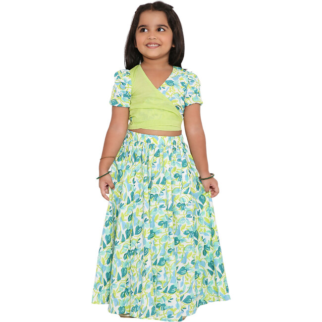 Girls Gul Block Print Ethnic Lehenga & Wrap Around Blouse 2-Piece Set, Green - Dresses - 4