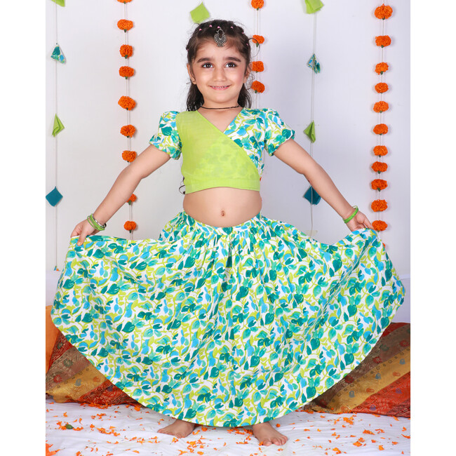 Girls Gul Block Print Ethnic Lehenga & Wrap Around Blouse 2-Piece Set, Green - Dresses - 8