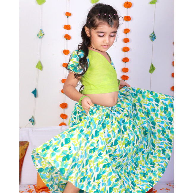 Girls Gul Block Print Ethnic Lehenga & Wrap Around Blouse 2-Piece Set, Green - Dresses - 9