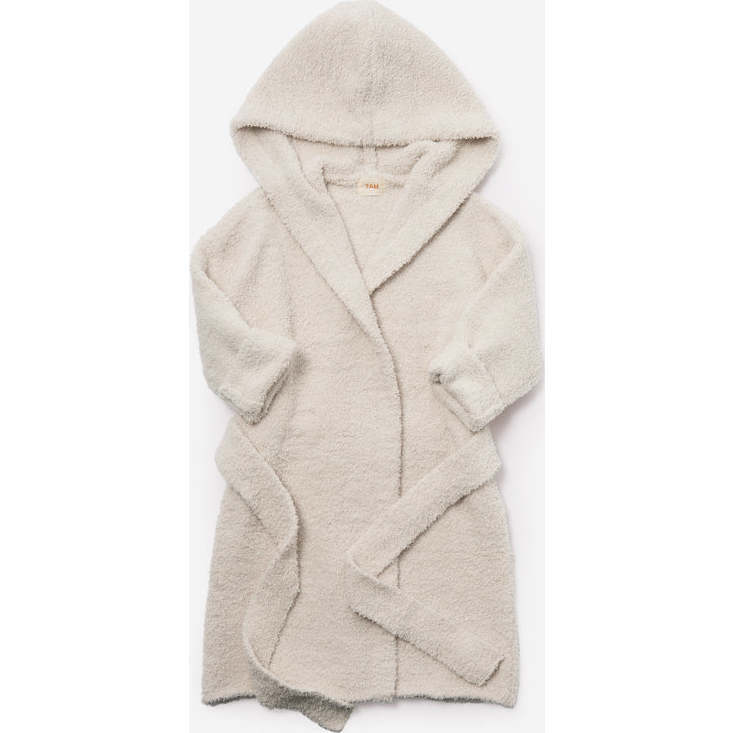 Fuzzy Waist Tie Hooded Robe, Ecru - Robes - 1