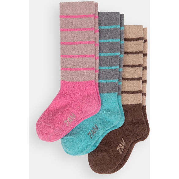 Fuzzy Long Socks, Choco & Pecan, Ash Rose & Vivid Pink, Gris & Bright Cyan (Pack Of 3)