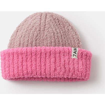 Baby Girls 2-Tone Ribbed Beanie, Ash Rose & Vivid Pink