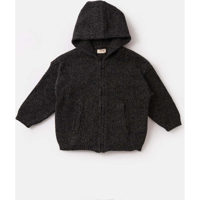 Baby Fuzzy Zip-Up Hoodie, Black Melange - Sweaters - 1
