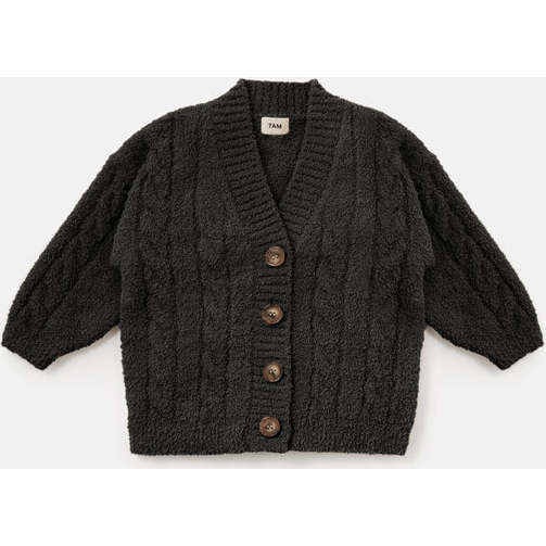 Baby Fuzzy Ribbed V-Neck Cardigan, Black Melange - Cardigans - 1