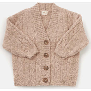 Baby Fuzzy Ribbed V-Neck Cardigan, Pecan - 7AM Enfant