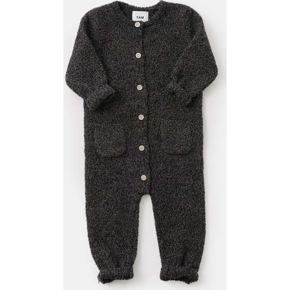 Baby Fuzzy Long Sleeve Romper, Black Melange