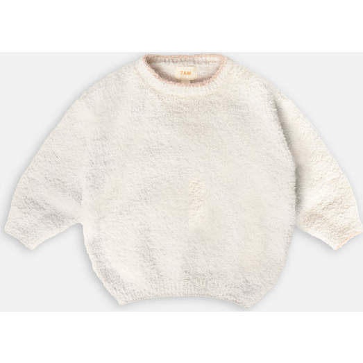 Baby Fuzzy Boxy Contrast Trim Sweater, Ecru