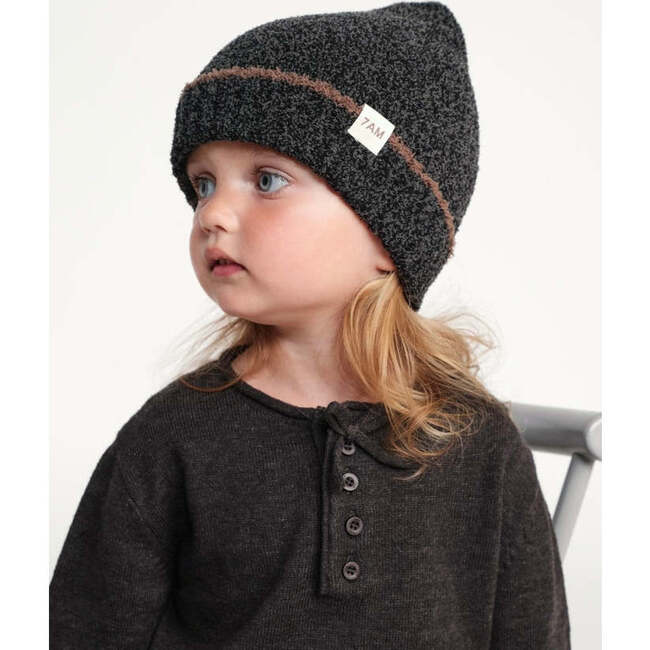 Baby Fuzzy Beanie, Black Melange & Brown - Hats - 4