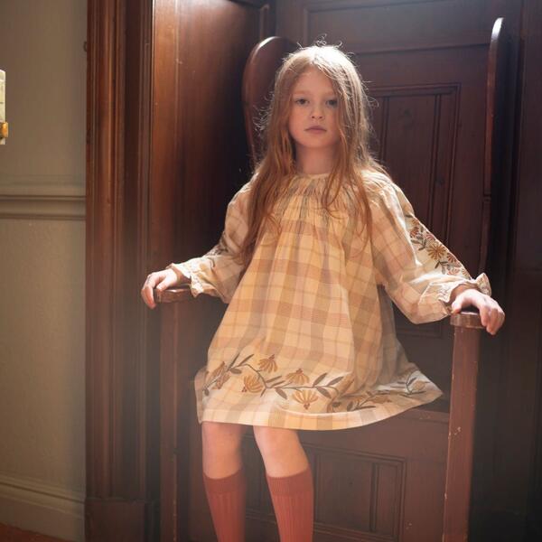 Tulip Embroidered Elastic Neck Long Sleeve Dress, Harvest