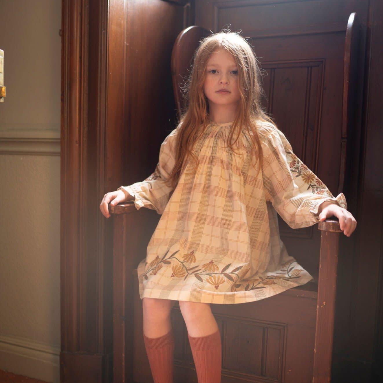 Tulip Embroidered Elastic Neck Long Sleeve Dress, Harvest