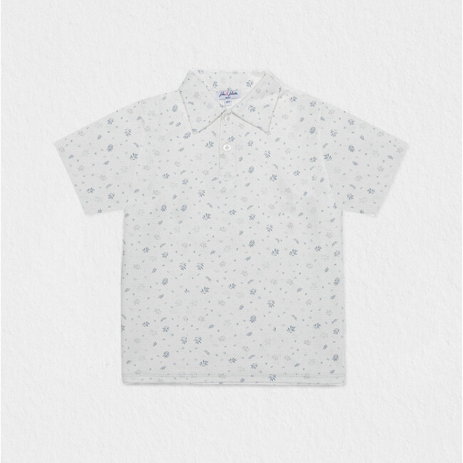 Brandan Boy Polo Organic Cotton, White Grey Leaves