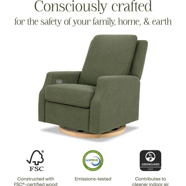 Crewe Electronic Recliner and Swivel Glider in Olive Boucle with Light Wood Base - Nursery Chairs - 5