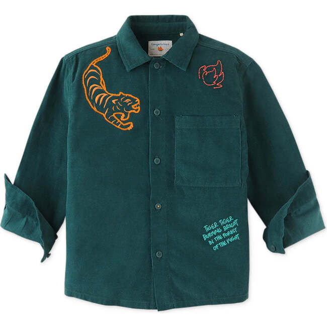 Tiger Embroidered Long Sleeve Woven Shirt, Green - Shirts - 1