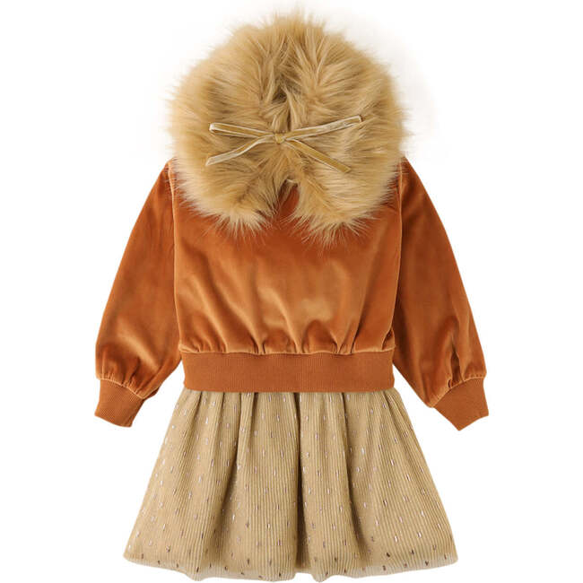 Velvet Detachable Faux Fur Collar Tulle Skirt Dress, Brown