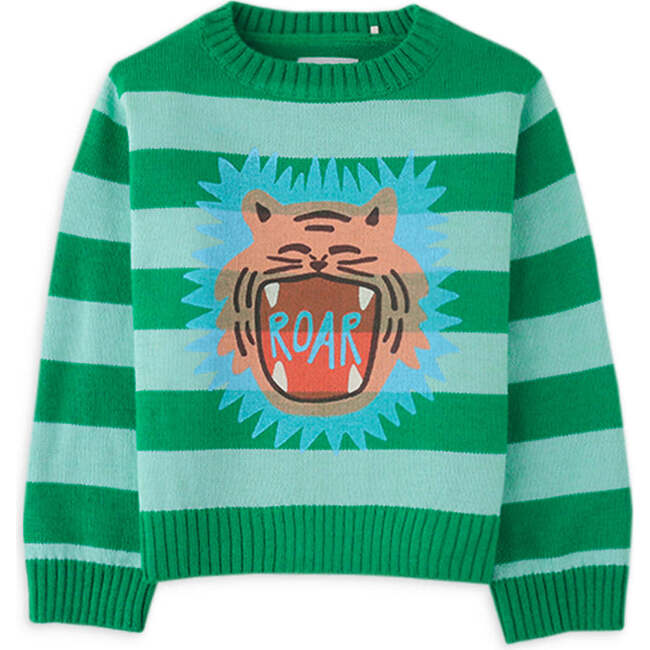 Tiger On Knit Striped Long Sleeve Pullover, Green