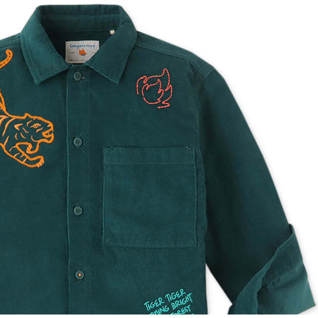 Tiger Embroidered Long Sleeve Woven Shirt, Green - Shirts - 3