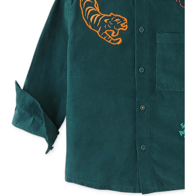 Tiger Embroidered Long Sleeve Woven Shirt, Green - Shirts - 4