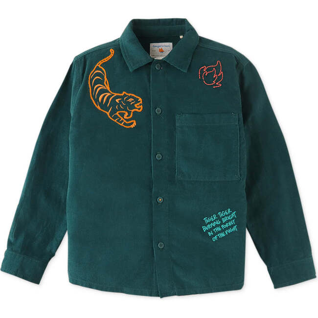 Tiger Embroidered Long Sleeve Woven Shirt, Green - Shirts - 5