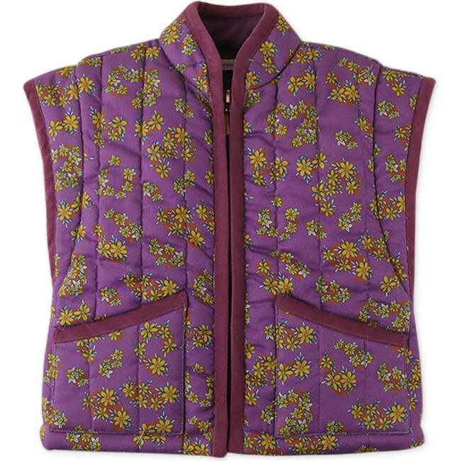 Girls Tiger Print Contrast Binding Wadded Gilet, Purple