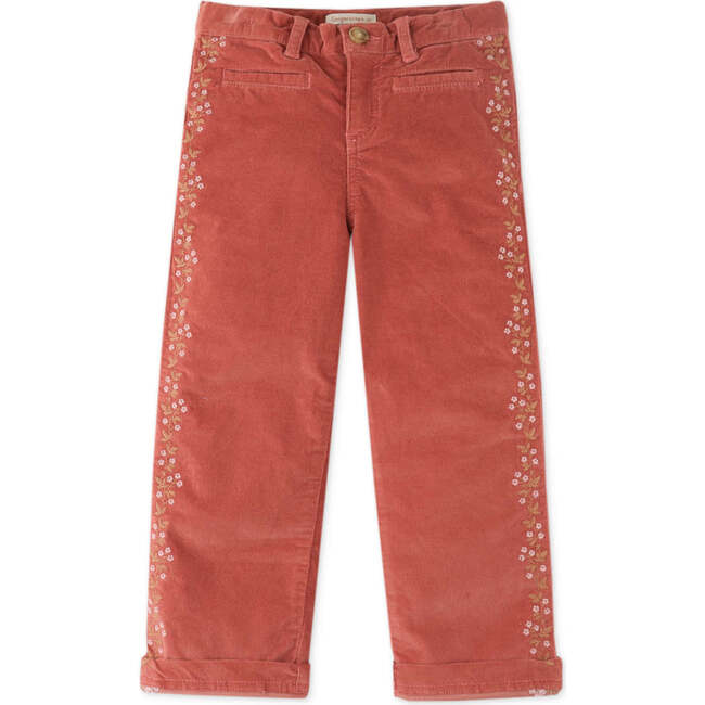 Girls Waleless Embroidered Straight Fit Corduroy Pants, Tan - Pants - 1