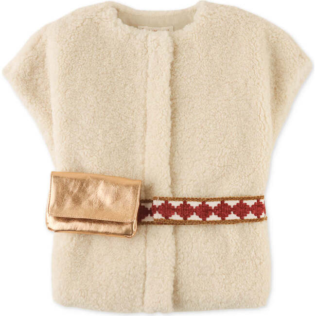 Girls Faux Shearling Gilet And Faux Leather Belt Bag, Beige