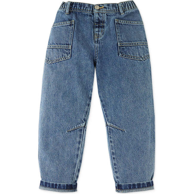 Girls Denim Elastic Waist Balloon Fit Pants, Blue