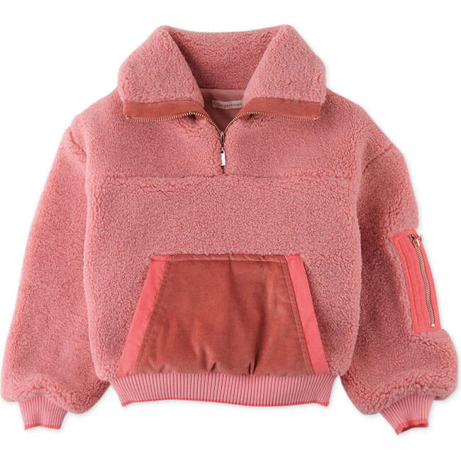 Girls Faux Shearling Contrast Zipper Pullover, Pink