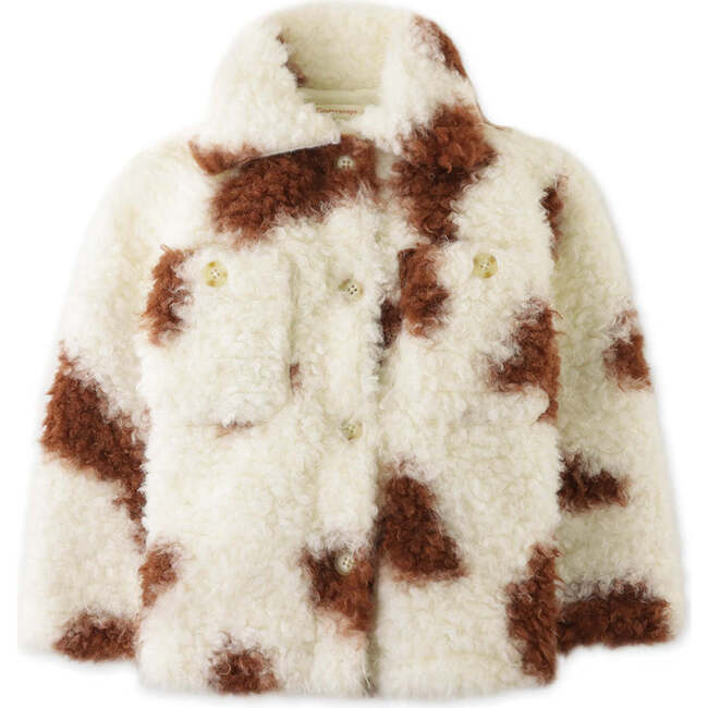 Girls Cow Print Long Sleeve Sherpa Jacket, Cream