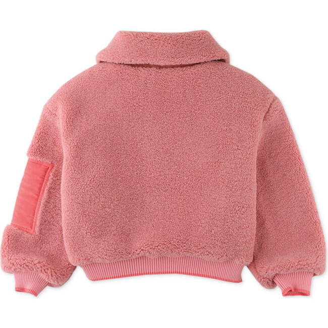 Girls Faux Shearling Contrast Zipper Pullover, Pink - Sweaters - 2