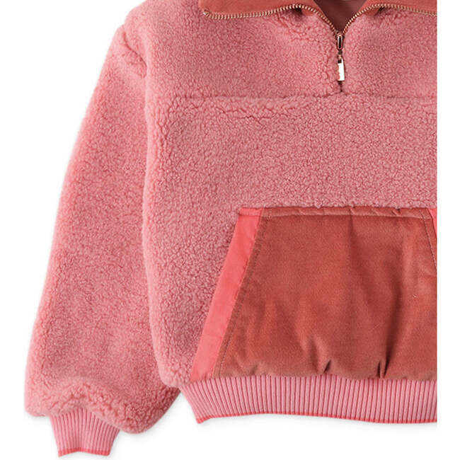 Girls Faux Shearling Contrast Zipper Pullover, Pink - Sweaters - 4