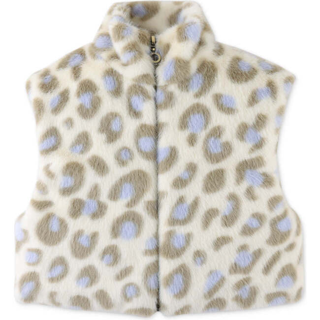 Girls Animal Fur Print Stand Collar Sleeveless Zipper Vest, Multicolors