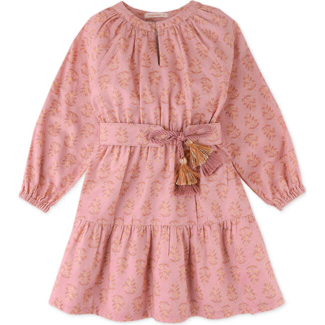 Floral Print Long Sleeve Fabric Sash Tiered Dress, Pink